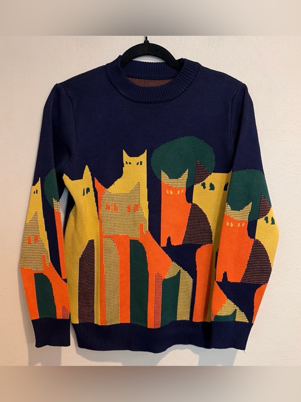 Funky Navy Crew Sweater w/ Abstract City Cats in Golden Yellow and Orange